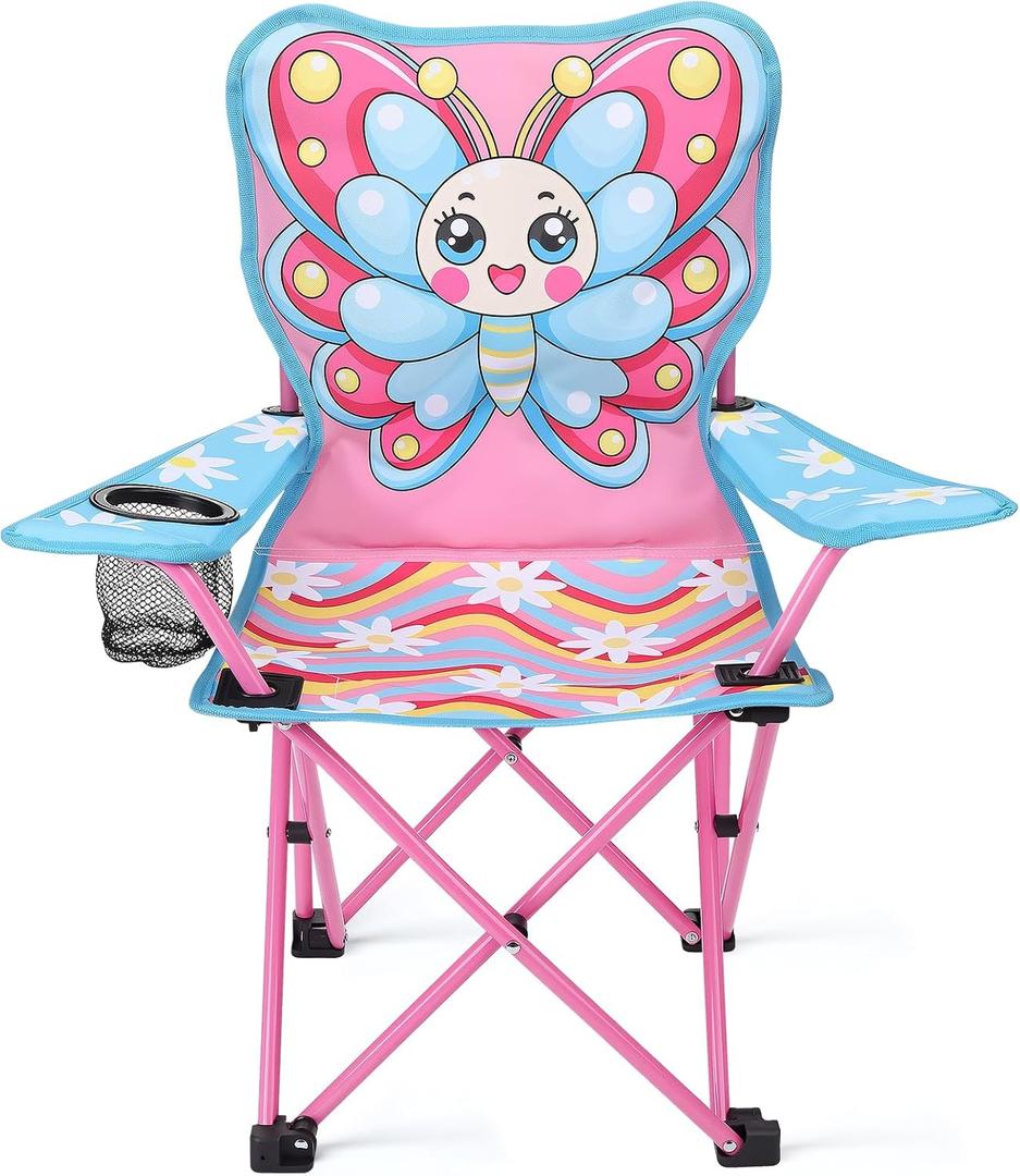 KABOER Butterfly Kids Outdoor Folding Lawn and Camping Chair with Cup Holder and Carrying Bag, Children's Camping Chairs for Outdoor Beach Travel (Butterfly), 14 inches x 14 inches x 30 inches