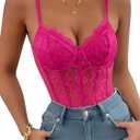 Lilosy Sexy Mesh Sheer Floral Lace Corset Lingerie Bodysuit Bustier Cami Top (Large, Hot Pink)