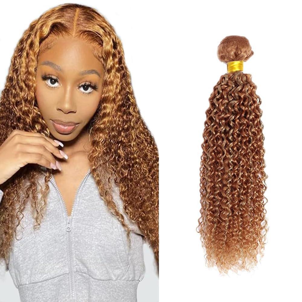 Curly Wave Bundles Human Hair 20 Inch Color 27/30 Honey Blonde Brown Highlight Single Bundle Brazilian Virgin Human Hair Bundles Kinky Curly Wave 100g Per 1 Bundle Hair Extensions For Black Woman