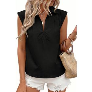 Tankaneo Womens Summer V Neck Tank Tops Collared Sleeveless Shirts Trendy Casual Loose Fit Blouse (Black)