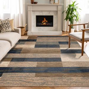 Superior Indoor Area Rug, Jute Backed, Modern Geometric Patchwork Floor Decor for Bedroom, Office, Living Room, Entryway, Hardwood Floors, Rockwood Collection, 8' x 10', Midnight Navy