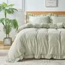 Gingham Duvet Cover Queen Size, 3 Pieces Soft Breathable Microfiber Plaid Comforter Cover with Zipper Closure & 2 Pillow Shams, Ruffle Farmhouse Vintage Decor, Sage Green