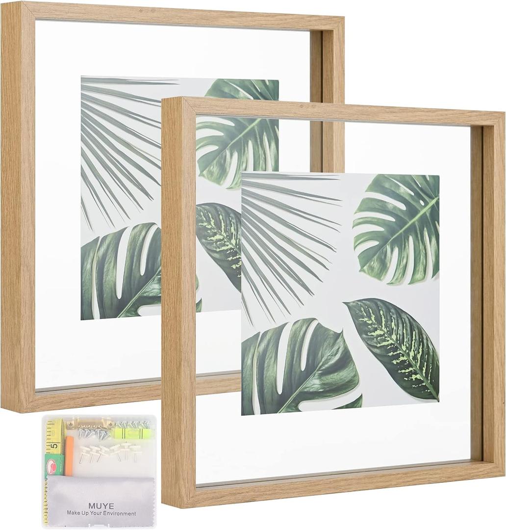 MUYE 12x12 Floating Frame Set of 2,Double Glass Rustic Square Photo Frame,Display Any Size Photo up to 12x12,Wall Mount or Tabletop Standing Natural