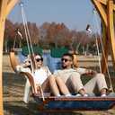SANIWERKE Porch Swing for 2, Double Hammock Swing with Footrest & S-Armrest, Adjustable Hanging, Durable Rope Net&Thick Wood, 650LBS, 50" Wide, Luxe Reclining Duo Swing for Patio Porch(Coastal Blue)