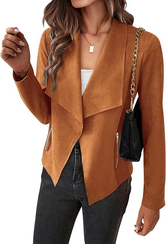 BTFBM Womens Faux Suede Jackets Dressy Spring Summer Clothes 2025 Lapel Long Sleeve Open Front Cropped Outerwear Coats (M, Solid Brown)