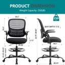 DUMOS Drafting Chair for Standing Desk, Counter Height Adjustable, Flip-up Arms, Ergonomic Mid Back Mesh Rolling Work Swivel Office Computer Chairs with Wheels, Black