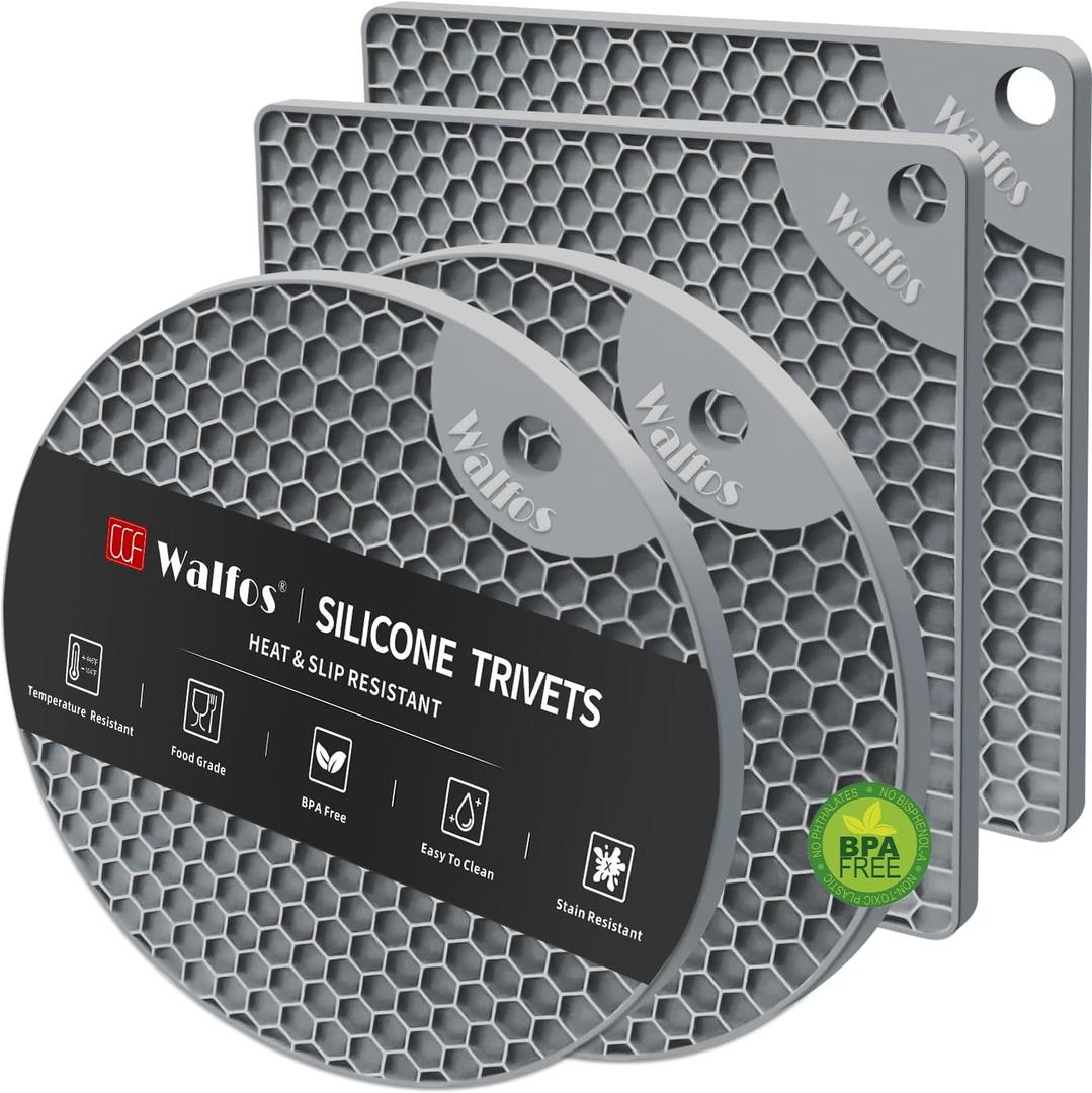 Walfos Silicone Trivet Mats - 4 Heat Resistant Pot Holders, Multipurpose Non-Slip Hot Pads for Kitchen Potholders, Hot Dishers, Jar Opener, Spoon Holder, Food Grade Silicone & BPA Free (Nordic Grey)