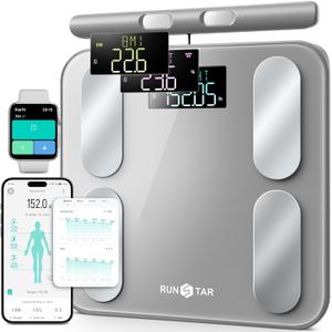 RunStar Digital Bathroom Scale for Body Weight, Body Fat, BMI 28 Measurements, Innovative 8-Electrode Smart Scales FSA&HSA Eligible with Voice Prompt Function High Accurate Bluetooth Weight Machine (12"/300mm, Grey)