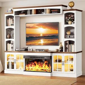 MXV 98" Farmhouse Fireplace TV Stand, Large Wall Unit Entertainment Center with 36" Electric Fireplace, Media Console with Storage Cabinets and Open Shelves for Living Room, White