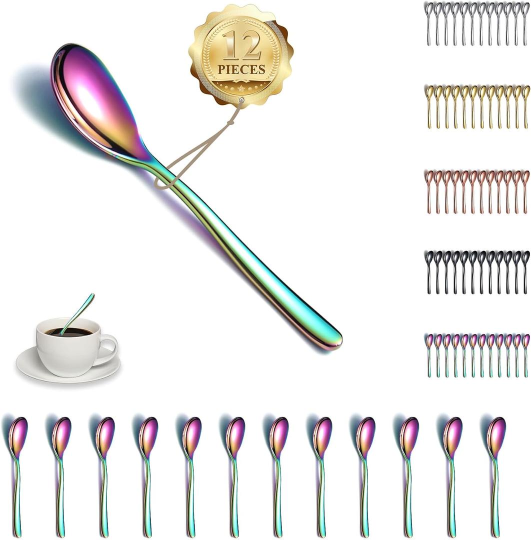 Kyraton Rainbow Teaspoons Set of 12, Stainless Steel Coffee Spoon, Spresso Spoons for Home, Restaurant, Hotel, Parties, Dishwasher Safe