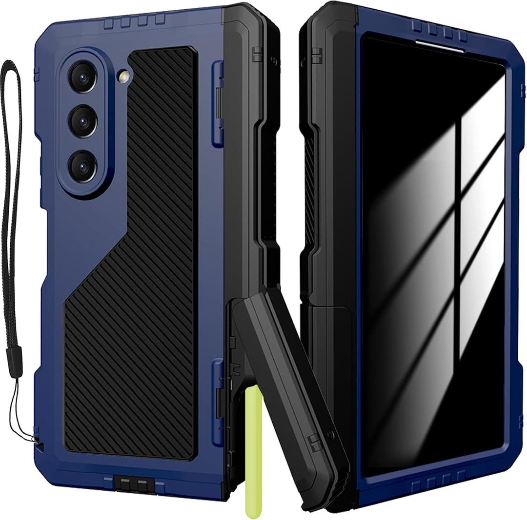 for Samsung Galaxy Z Fold 6 Case with Privacy Screen Protector & S Pen Holder, Military Rugged Heavy Duty Shockproof Metal Bumper Case with Kickstand Pen Slot Anti-spy Cover for Z Fold 6 Blue