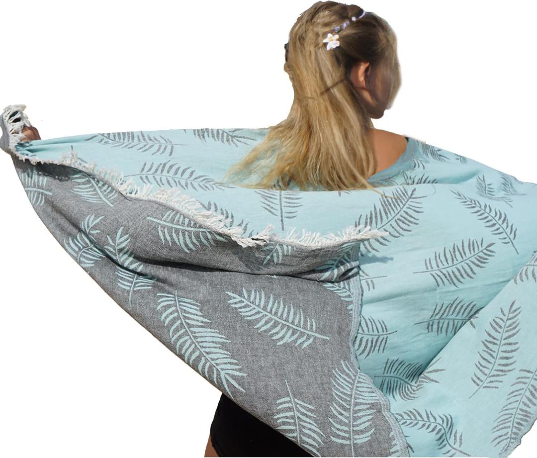 CHICON Premium Turkish Beach Towel Cotton Peshtemal - Stylish Turkish Bath Towels Extra Large Blanket for Beach and Bathroom - Prewashed - 38 x 72 Inch XL - Palm Leaf Turquoise (1 Unit)