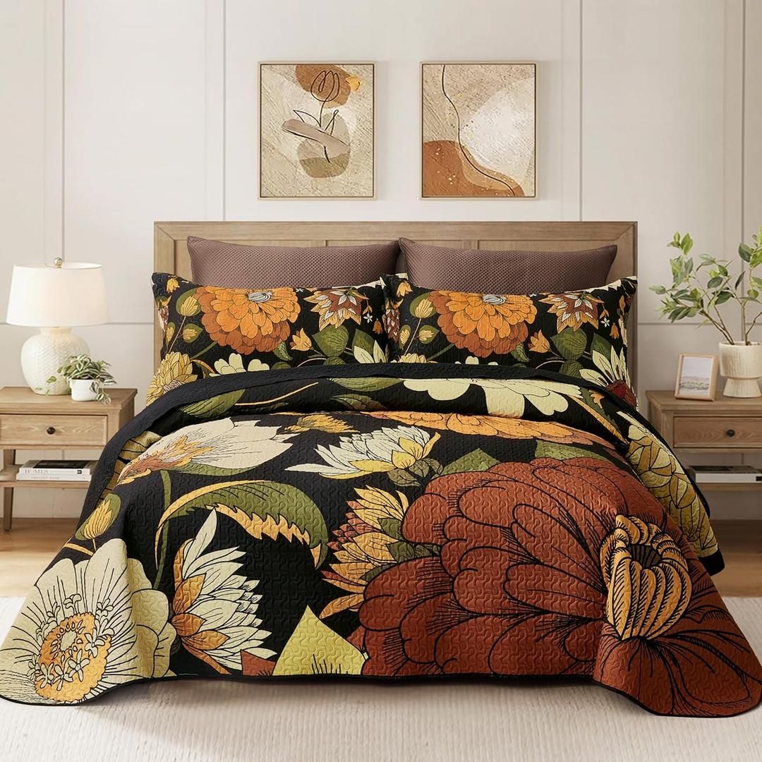Tyrot 3 Piece Black Boho Floral Californial King Size Quilt Sets Reversible Farmhouse Lightweight Bedspread Coverlet with 2 Shams Mid Century Microfiber Bedding Quilts Set for All Season, 118''x106''