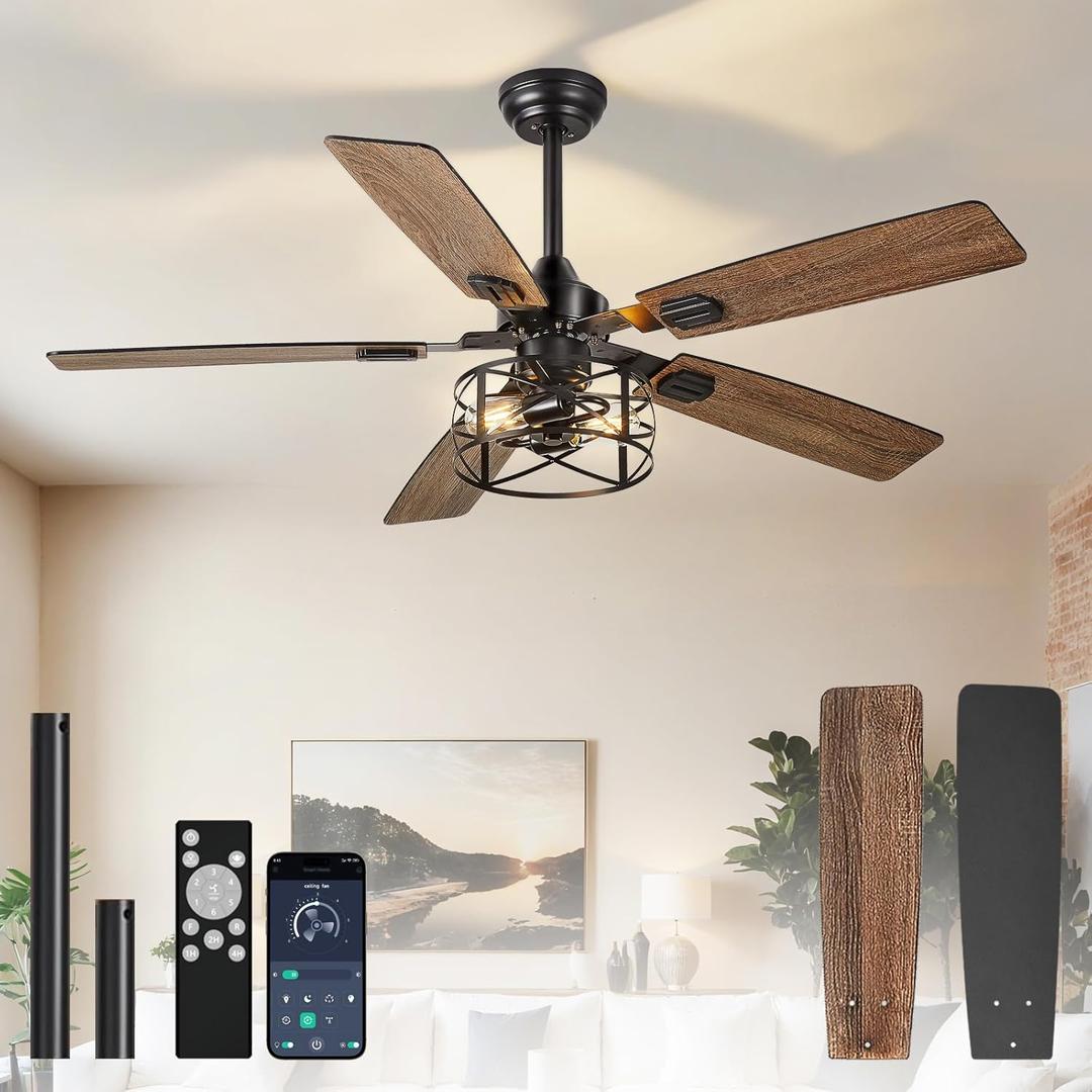 DINGLILIGHTING Bedroom Ceiling Fan with Light: 52 Inch Ceiling Fans Dual-Sided 5 Blade 6 Speed Reversible - Modern Farmhouse Fan with Remote and App for Bedroom Living Room Outdoor Porch, Black Walnut