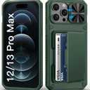 BXYJY for iPhone 12 Pro Max & 13 Pro Max Case with Camera Cover, Card Holder (4-5 Cards), Military Grade Drop, RFID Block, Heavy Duty Women Men Rugged Phone Case for iPhone 12 Pro Max, Green