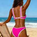 SOULSHE Sexy Bikini Sets for Women Two Piece Color Block Bathing Suit Women's High Leg Thong Swimsuits (Pink, XL)