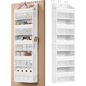 SONGMICS Over-the-Door Organizer, 5-Tier Door Hanging Storage Shelf, Heavy-Duty Closet Hanging Organizer Foldable, Transparent, Pockets, Metal Hooks, Cloud White URDH010WH01