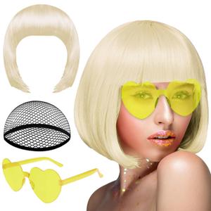 PLULON Blonde Bob Wig and Sunglass Set, Neon Short Bob Wig Sunglass Pack Costume Colorful Cosplay Wig Hairpieces for Bachelorette Neon Party Favors, Halloween Decorations