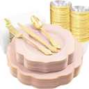 NOCCUR 175PCS Pink Plates with Gold Disposable Silverware - Include 50 Pink Plastic Plates,25 Knives,25 Forks,25 Spoons,25 Cups and 25 Napkins - Ideal for Party/Wedding/Valentines Day