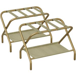 Set of 2 Luxury Gold Luggage Racks with Fabric Shelves - Heavy Duty Folding Suitcase Stand, Portable Bedroom & Hotel Storage Stands, Easy Assembly Steel Frame