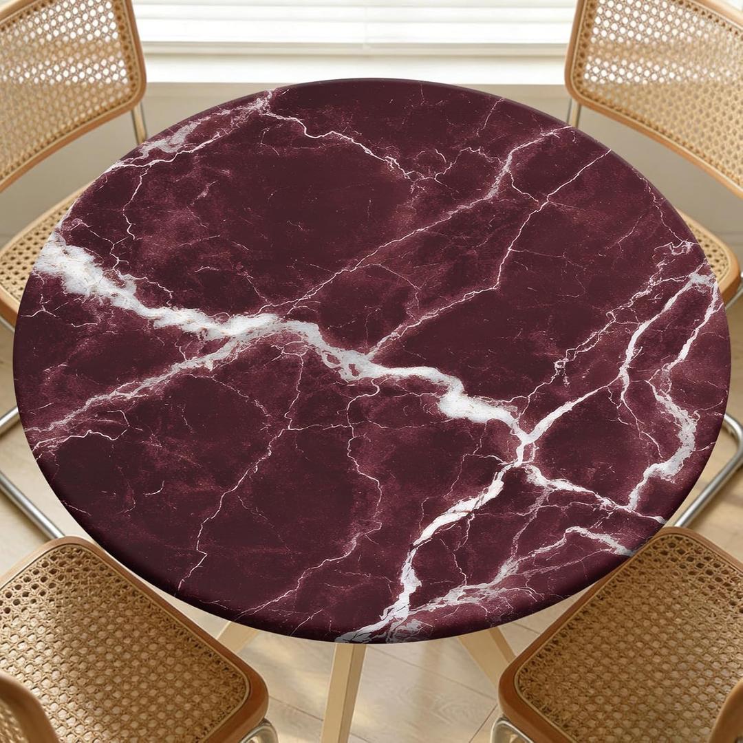 Round Fitted Table Cloth with Elastic Edge Design Table Cover Waterproof Stain-Resistant Wipeable Picnic Tablecloths Fits 38"-42" Round Tables for Camping, Dining, Indoor and Outdoor (Red Marble)