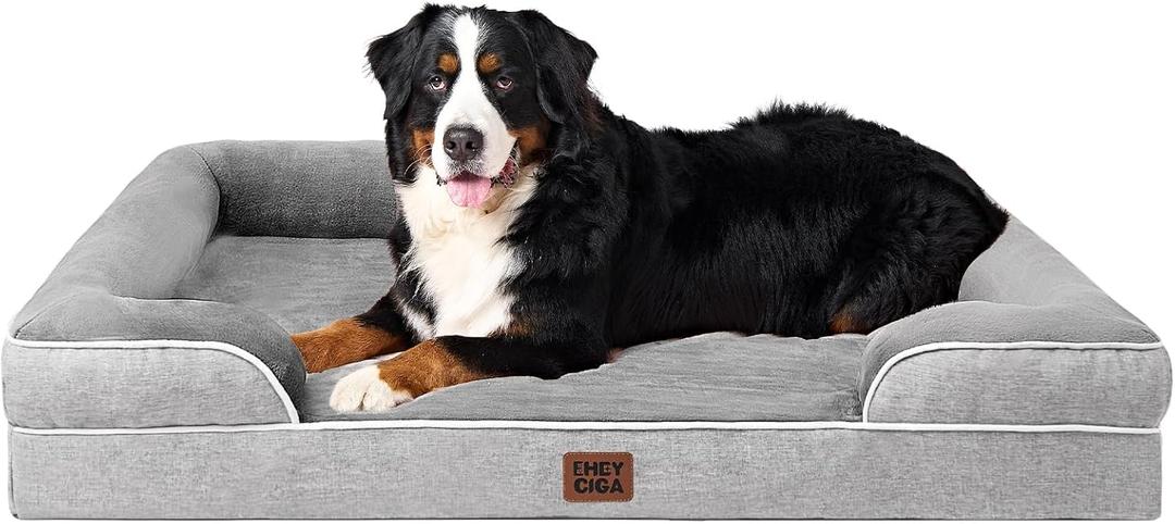 EHEYCIGA Orthopedic XL Dog Beds, Waterproof Memory Foam Dog Bed for Extra Large Dogs, Non-Slip Bottom and Egg-Crate Foam Big Pet Couch Bed with Washable Removable Cover, Grey