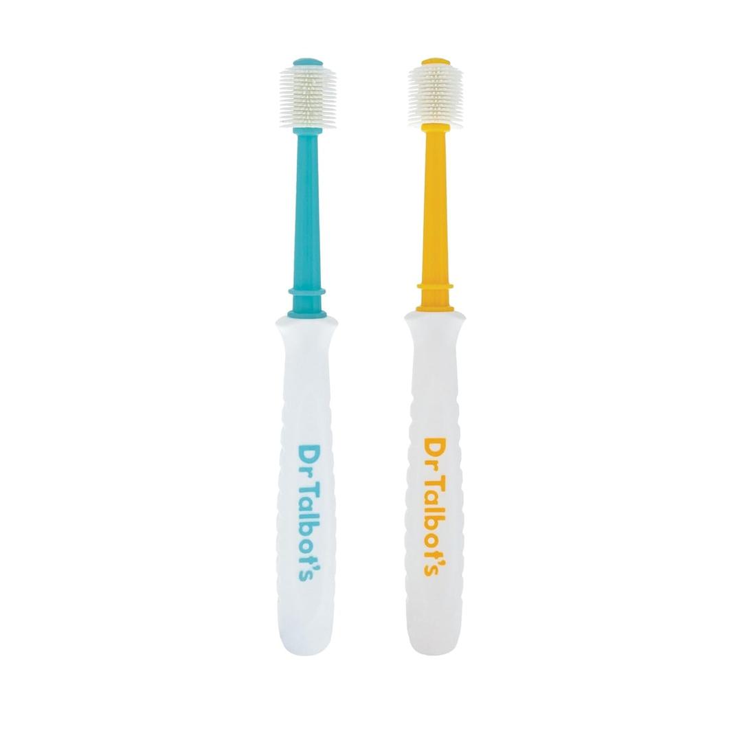 Dr. Talbot's Toddler 360 Toothbrush for Kids - Soft Bristles Gently Cleans Teeth & Massages Gums - Easy-Grip Handle for Kids - Encourages Good Oral Hygiene - (2 Pack) Aqua/Yellow