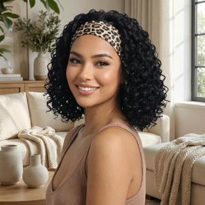 CINHOO Short Curly Headband Wigs for Black Women 12inch Deep Wave Black Headband Wig for Women Curly Head Band Wig with Headbands Attached Daily Use (1B#)
