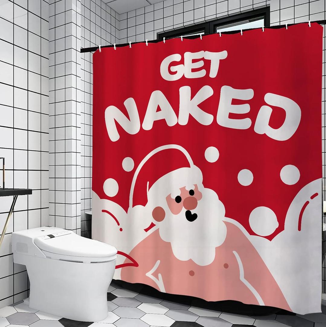 GPGHE Christmas Shower Curtain Funny Santa Decorations Get Naked Holiday Bathroom Curtain with 12 Hooks 71x71 Inch