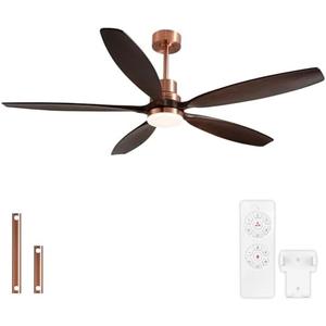 KAPOEFAN 60" Ceiling Fan with Light and Remote,Reversible DC Motor,6Speed,Modern Natural Wood Ceiling Fan with Dimmable LED for Outdoor Patios Bedroom Living Room,Black Walnut and Red Brass
