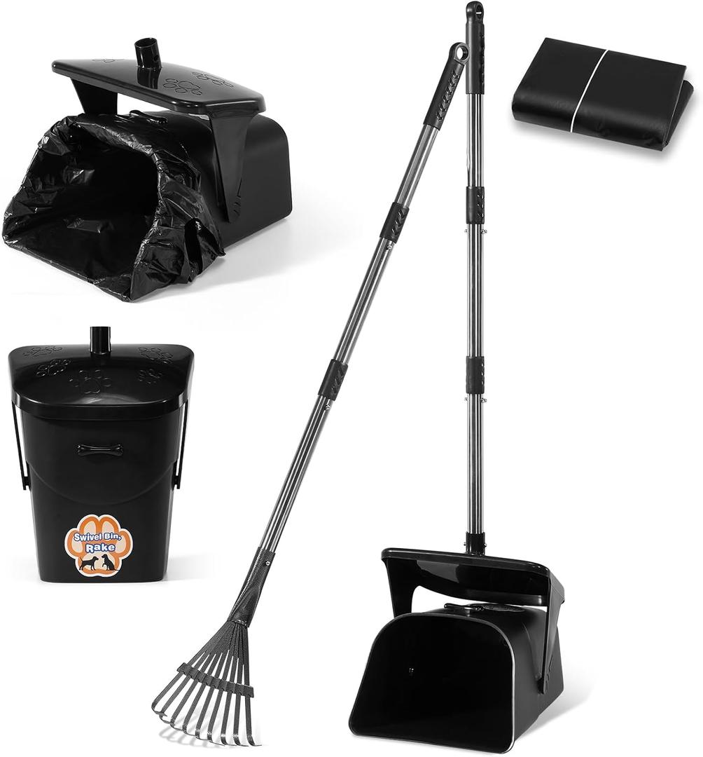 Ulugt Stainless Steel Dog Pooper Scooper,40" Long Handle Swivel Bin and Rake,20 Waste Bags  Heavy Duty Portable Metal Poop Scooper for Large,Medium and Small Dogs