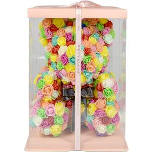 Hand Made Rose Bear Artificial Flower Gift for Mather's Day Birthday Valentine's Day with a 15" Pink Gift Box (Colorful)