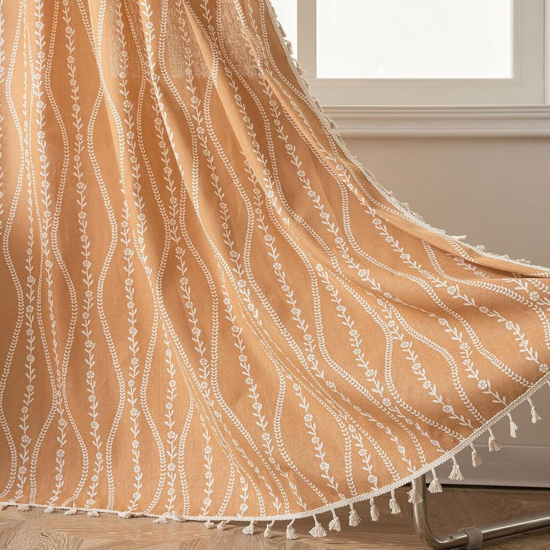 ENJOYBRIDAL Floral 96 Inch Curtains 2 Panel Set Bedroom Light Filtering Drapes Burnt Orange Semi Sheer Farmhouse Long Window Curtain Panels Living Room Boho Rod Pocket Tassel Decor Window Treatment