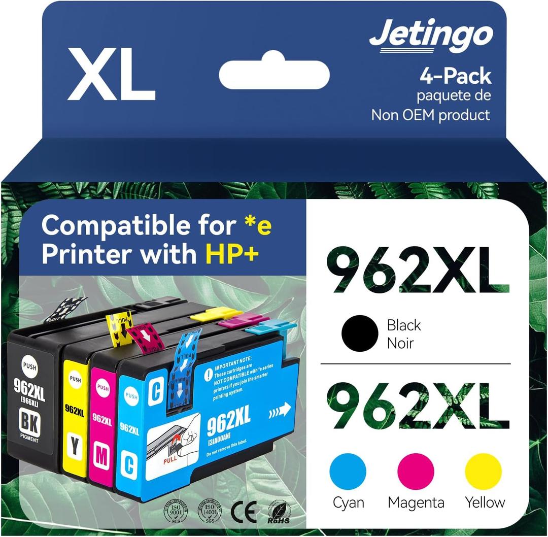 962xl Ink Cartridges Combo Pack for HP 962XL Black and Color Replacement for HP OfficeJet Pro 9010e 9015e 9010 9012 9015 9018 9025 Printers (4-Pack Black Cyan Magenta Yellow) (962-4P) 