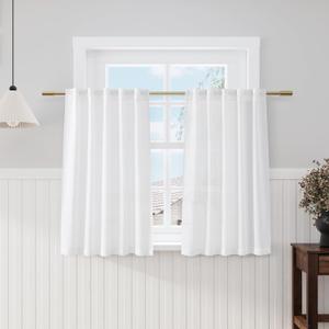 Nanspring Linen White Curtains 45 Inch Length 2 Panels for Kitchen Short Window, Semi Sheer Linen Drapes Modern Light Filtering Back Tab Rod Pocket for Cafe Bathroom 29 X 45