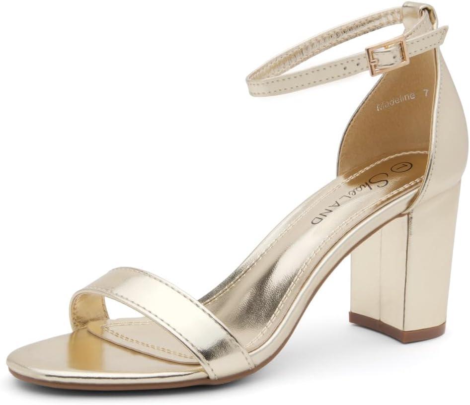 Shoe Land Women's Low Heels - 3-Inch Chunky Block Heeled Sandals with Ankle Strap | Open Toe Short Heels | Comfy Dressy Strappy Sandals for Wedding, Prom, Office (8, Gold)