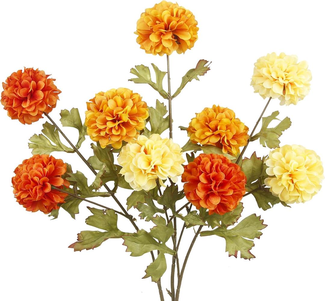 CISDUEO 3 Pcs Artificial Marigold Flowers Artificial Chrysanthemums Ball Flower Orange Silk Mums Flowers Spring Branches for Home Decor Floral Arrangement Table Centerpiece (Caramel, Orange, Yellow)