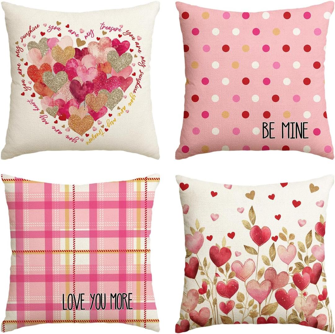 AVOIN colorlife Valentine's Day Heart Pink Throw Pillow Covers, 18 x 18 Inch Golden Leaves Love You More Be Mine Buffalo Plaid Polka Dot Anniversary Wedding Cushion Case Decoration for Sofa Set of 4