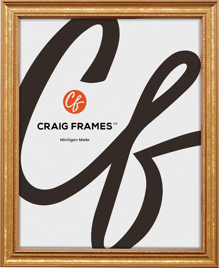 Craig Frames 11x14 Picture Frame  Gold Ornate Style, 3/4 Inch Wide Solid Wood Moulding with Vintage Beaded Detail, Glass and Backing Included, Wall Display Frame for Art and Photos