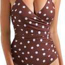 SUUKSESS Women Sexy Wrap Push Up One Piece Swimsuit Tummy Control Bathing Suit (Medium, 89 Brown White Polka Dots) 