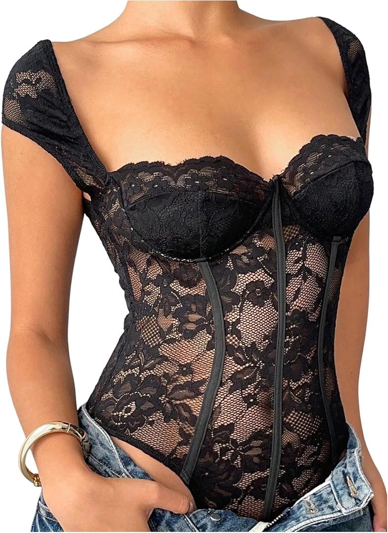 SOLY HUX Women's Lace Sheer Bodysuits Sweetheart Neck Slim Fitted Corset Leotard Tops (Medium, Pure Black)
