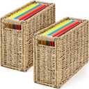 Novabright 2 Pcs Hanging File Desk Organizer 14.5 x 6 x 10.8 Inch Seagrass Hanging File Box Collapsible Portable Filing Basket, Letter Size Woven Storage Basket for Home Office Document Filing Decor