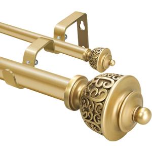 1 Inch Gold Double Curtain Rod with Vintage-style Finials-Tension Curtain Rods 28-48 Inchs for Bedroom&Home Decor