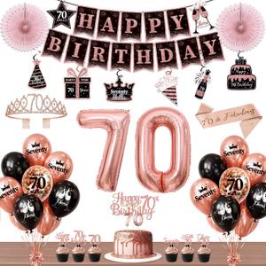 70th Birthday Decorations for Women, 54pcs Happy 70th Birthday Crown and Sash, Black Rose Gold Banner Backdrop Balloons Hanging Swirls Paper Fans, 70 Years Old Birthday Party Supplies Kit