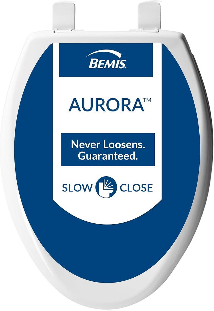 Bemis Aurora Slow Close Toilet Seat, Easy Clean Hinges and Adjustable Perfect Fit Plastic Seat, Made in USA, Elongated, White