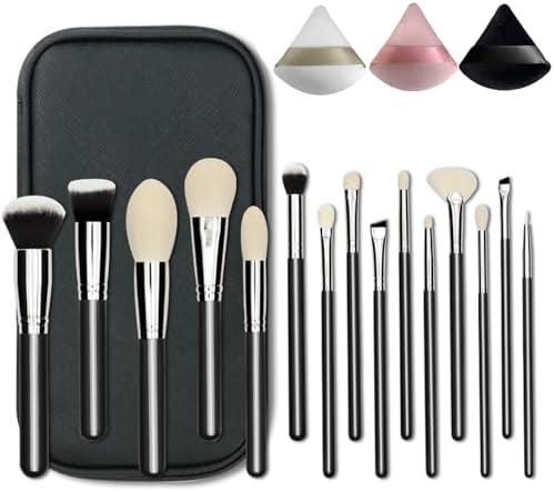 Professional Natural Travel Goat Hair Makeup Brushes with case, 15Pcs Kabuki Face Powder & Eye Makeup Brush set With Ultra Soft Premium Dense Hair, Valentines Day Gifts (Black)