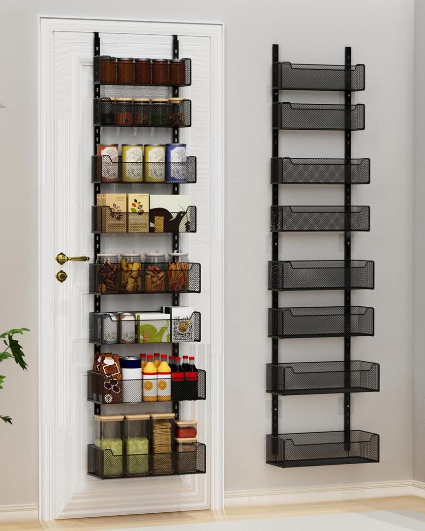 Over the Door Organizer, 8-Tier Pantry Organizer with Fully Enclosed Mesh Baskets, Heavy-Duty Metal Hanging Spice Rack for Kitchen Bathroom Laundry Room, 2-in-1 Wall Mount or Door Mount, Black