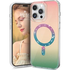 for iPhone 14 Pro Max Case Compatible with Magsafe for Girls Women Protective Shockproof Clear Sparkly Cute Cover Soft TPU Slim Case for iPhone 14 Pro Max 6.7 inch Gradient Colored Green