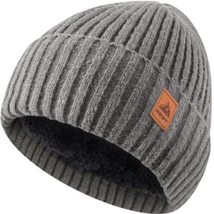 Beanie for Men Women, Winter Warm Hat with Fleece Lined, Thermal Kint Beanie Ski Cuffed Cap for Cold Weather (Lightgrey)