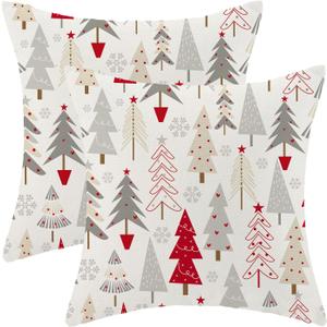 Christmas Pillow Covers 16 x 16 Inch, Colorful Red Grey Beige Christmas Tree Decor Throw Pillows for Home Couch Bed, Winter Xmas Snowflake Decorative Pillowcase Linen Cushion Cover Set of 2